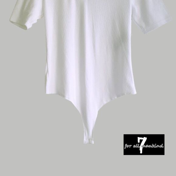 7 FOR ALL MANKIND NEW Preppy Ribbed V-Neck Elbow Sleeve Thong Bodysuit Top - Picture 4 of 11